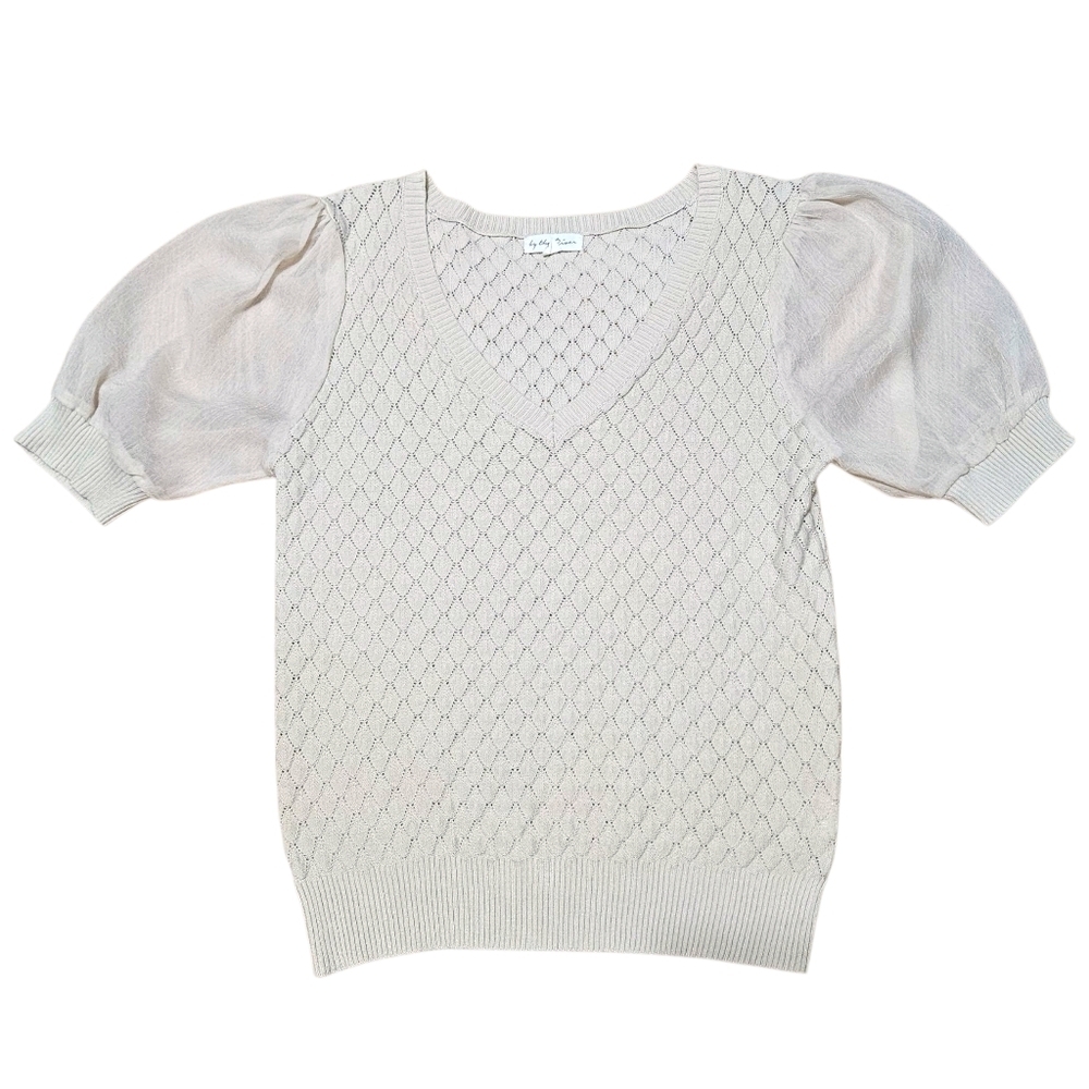 Womens Diamond Pattern Blouse Sheer Puff Sleeve Top Ivory M Preppy Coquette - Picture 3 of 12